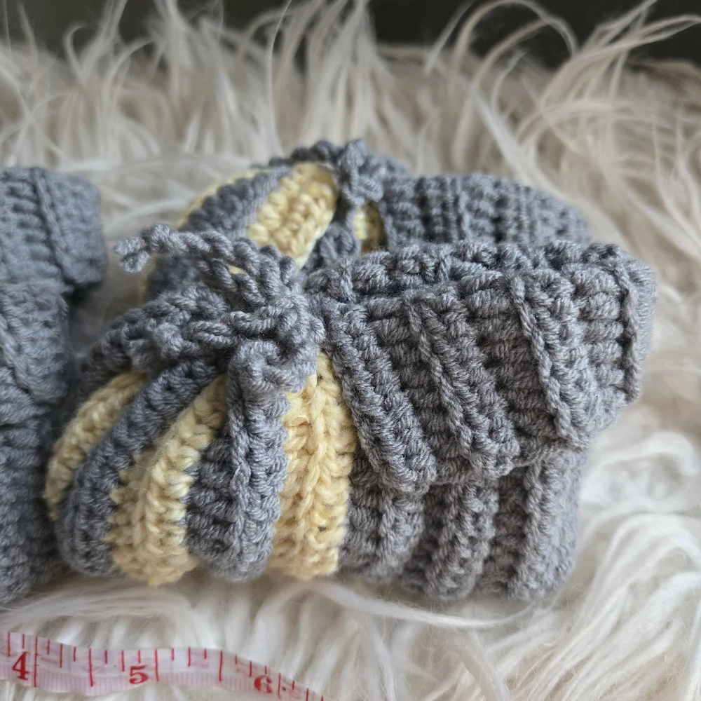 Cozy Gray and Yellow/Blue Hademade Knitted Baby Booties